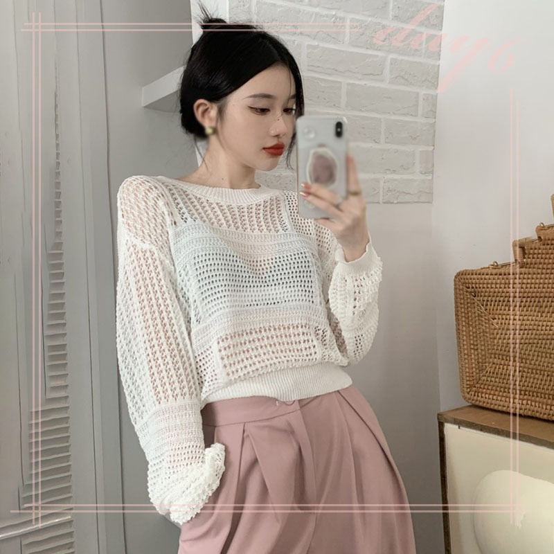 Áo Thun Tay Dài Cổ Tròn Phối Lưới Thoáng Khí Thời Trang Phong Cách Hàn Quốc Cho Nữ