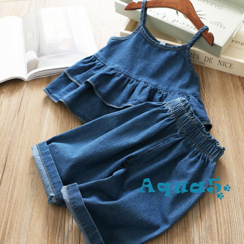 Set Áo Denim Không Tay Nhún Bèo + Quần Dài Lưng Cao Ống Rộng Thời Trang Cho Bé Gái