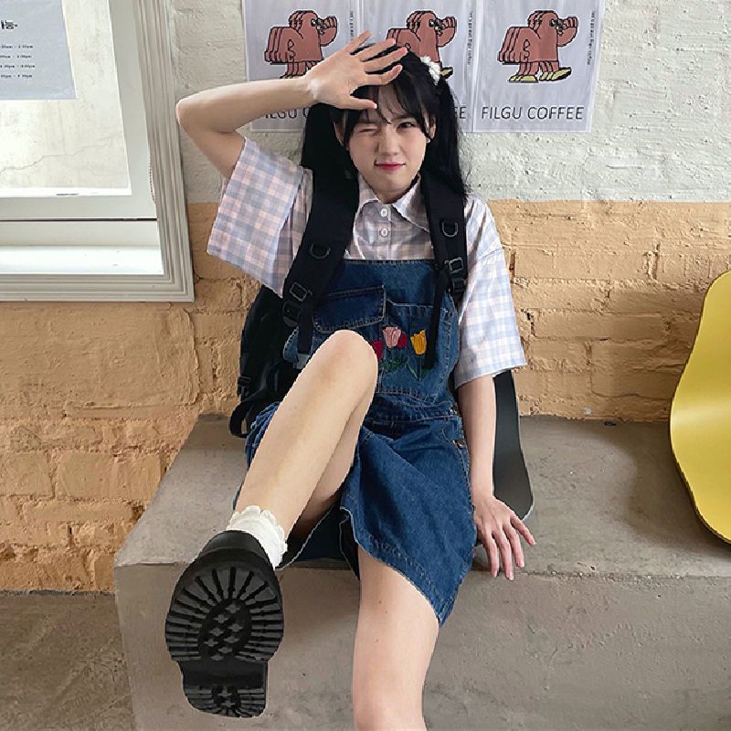 ⌘Quần Yếm Ngắn Phong Cách Nhật Bản⌘Quần Yếm Denim Ống Rộng Thêu Họa Tiết Dễ Thương Phong Cách Nhật Bản Thời Trang Mùa Hè Cho Nữ