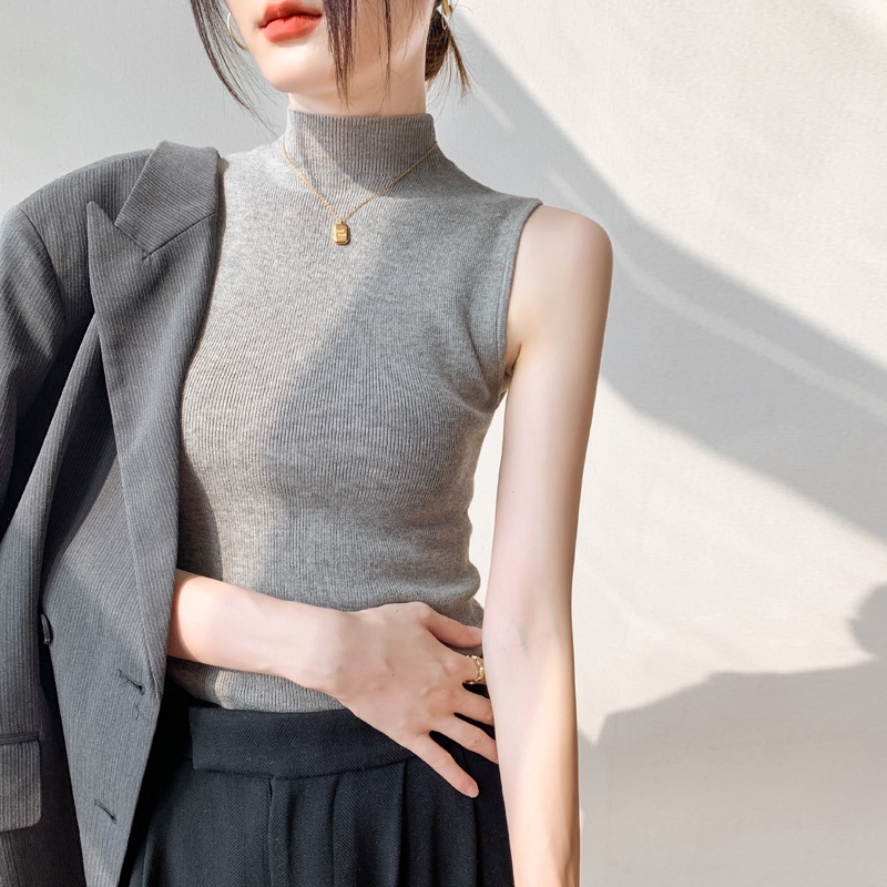 SUXI Áo Croptop Dệt Kim Sát Nách Cổ Cao Màu Sắc Đơn Giản Thời Trang Mùa Xuân Cho Nữ