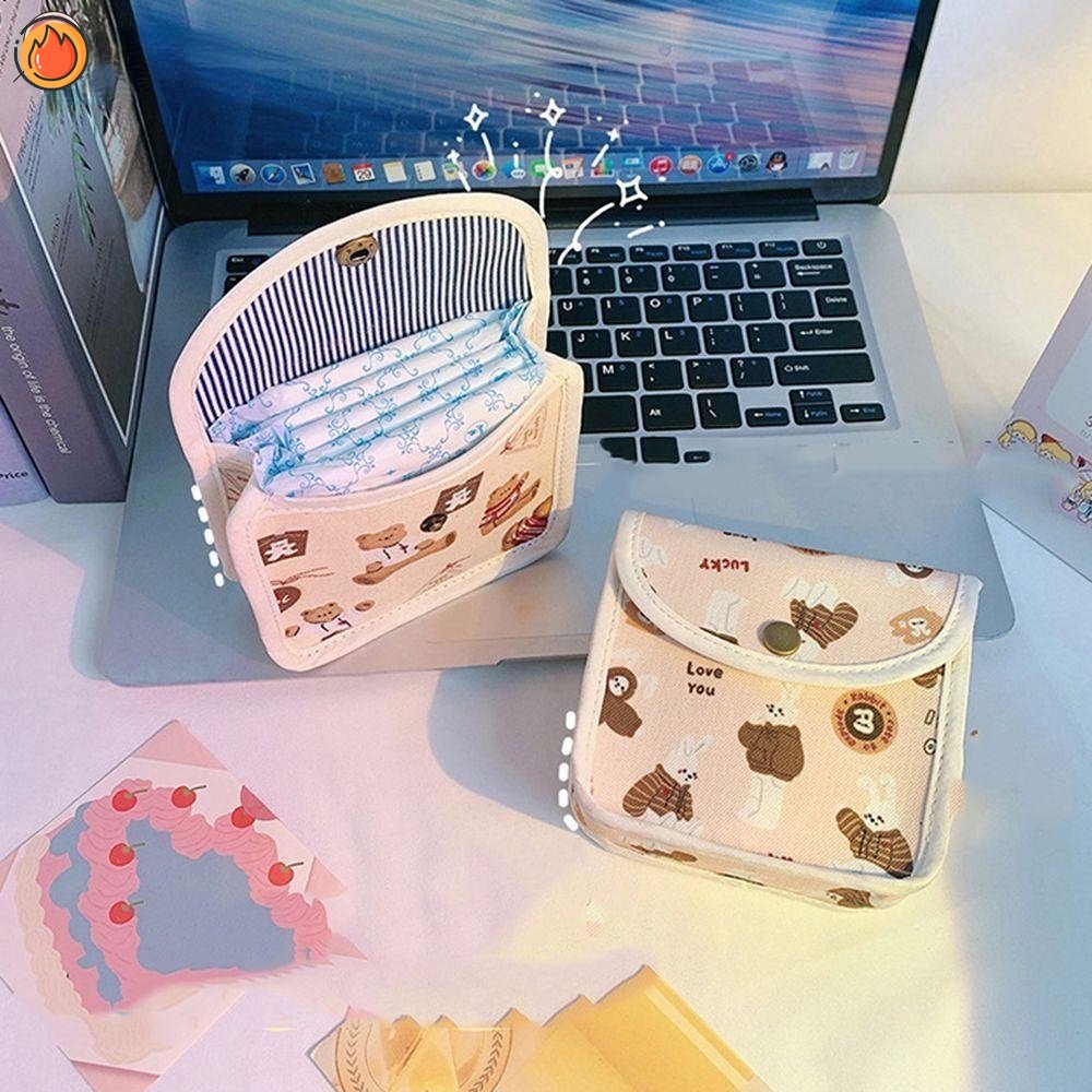 1Pc Cute Bear Women Portable Sanitary Napkin Tampon Bag Cotton Travel Makeup Storage Holder Cartoon Zipper Coin Purse Card Case YR