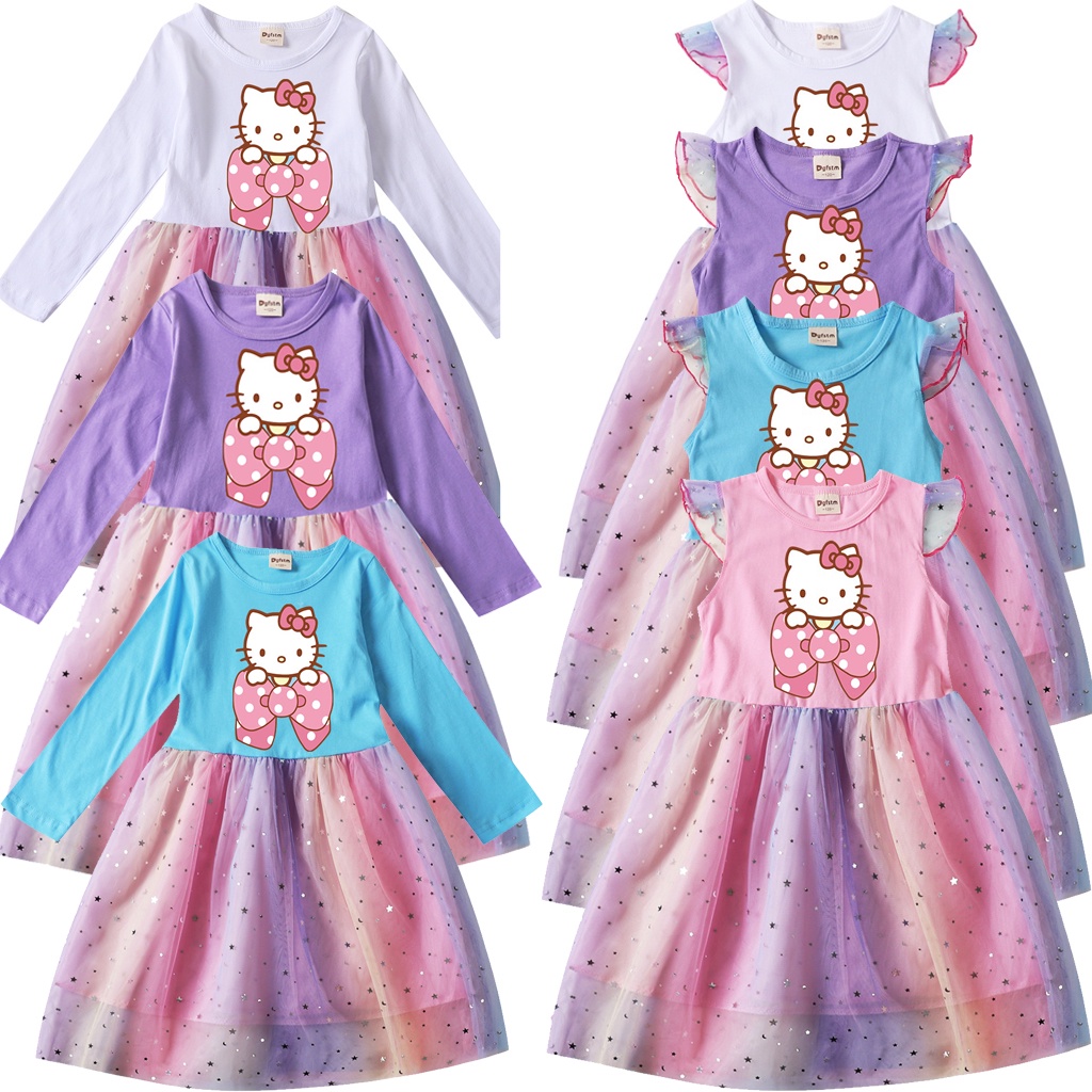 Đầm Tay Ngắn / Dài In Hình Hello Kitty Màu Cầu Vồng Cho Bé Gái 3-15 Tuổi