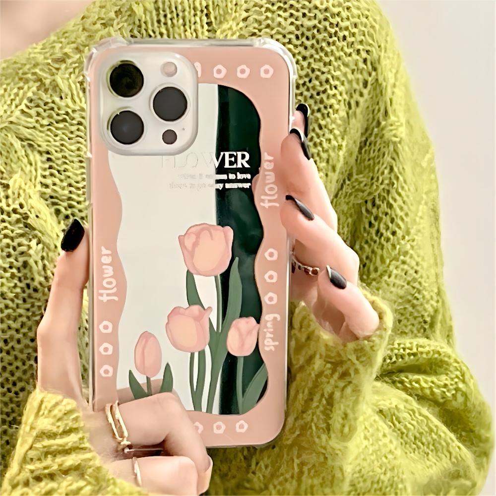 Ốp Điện Thoại TPU Mềm Bảo Vệ Bốn Góc Chống Rơi Hình Hoa Tulip Hồng IPhone 14 13 12 11 Pro Max XS XR 8 7 Plus