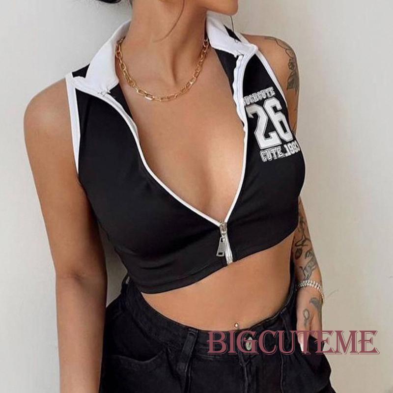 Áo Croptop Sát Nách Có Khóa Kéo In Số Thời Trang Mùa Hè Cho Nữ