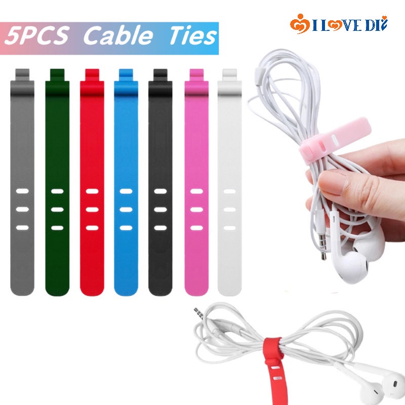 Bộ 5 Khóa Cố Định Dây Cáp / Chuột Tai Nghe 3 Lỗ Bằng Silicone Đàn Hồi Chất Lượng Cao