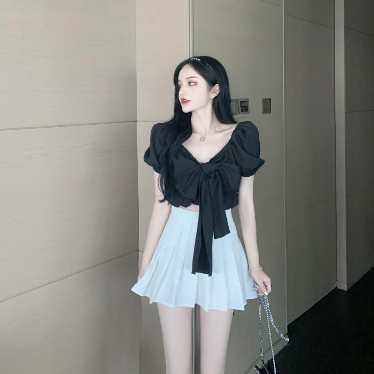 COZOK Áo Sơ Mi Tay Ngắn Cổ Vuông Thắt Nơ Eo Phong Cách Hàn Quốc Quyến Rũ Dành Cho Nữ