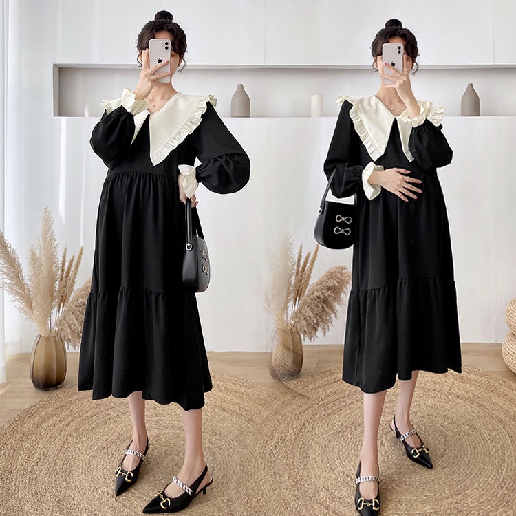 [Hàng Mới Về] Đầm Bầu Dáng Dài Cổ Bẻ Phối Bèo Phong Cách Phương Tây Thời Trang Xuân Thu