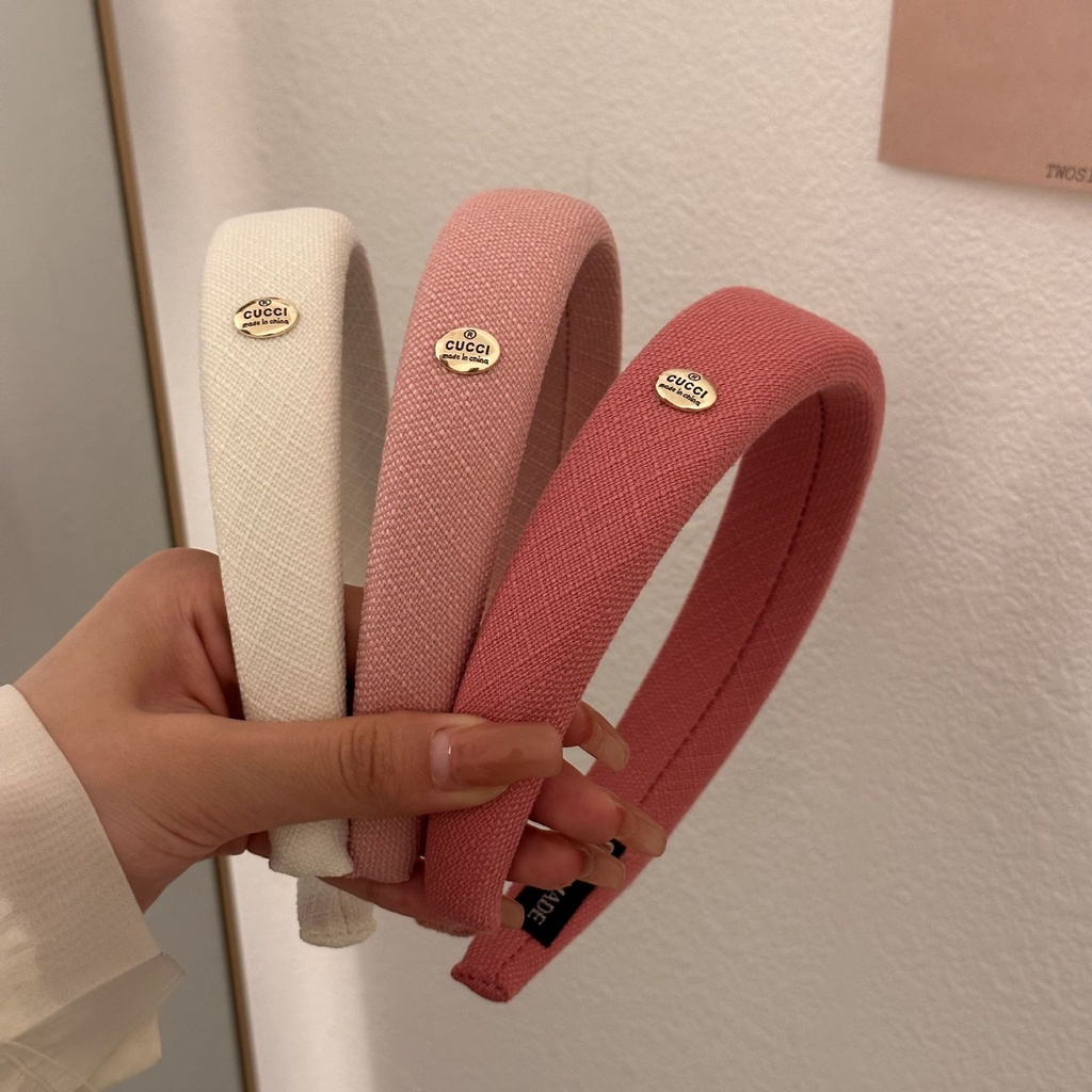 Băng Đô Cài Tóc Bằng Cotton Màu Trơn Đính Nhãn Kim Loại Tròn Cao Cấp Phong Cách Pháp Cho Nữ