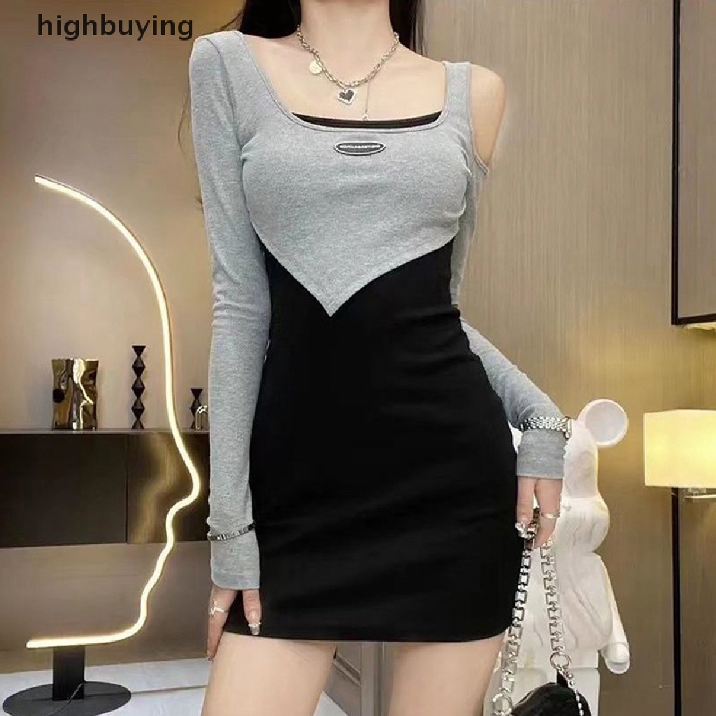 Hbvn Belle Đầm Mini Dài Tay Trễ Vai Giả Hai Mảnh Ghép Nối Kiểu Harajuku Đường Phố Gợi Cảm Cho Nữ Y2k