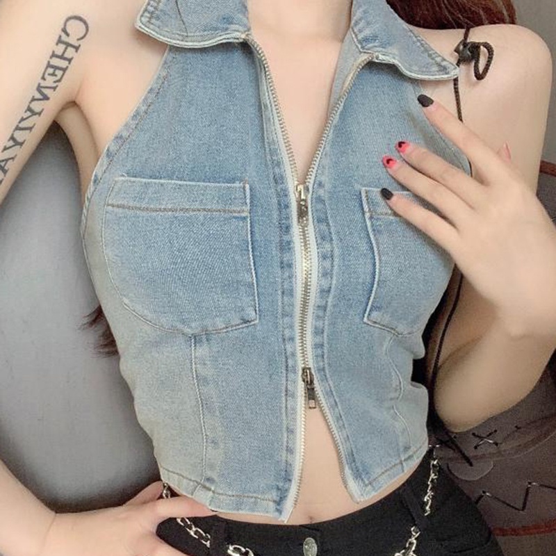 IELGY  Áo denim Hai Dây Ngắn Có Khóa Kéo Phong Cách Âu Mỹ Cho Nữ