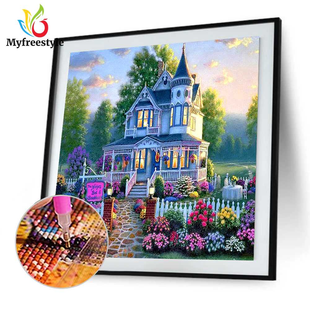 30*30cm Tranh Đính Đá Kim Cương Toàn Bộ Hình Vẽ Biệt Thự Hoa Diy
