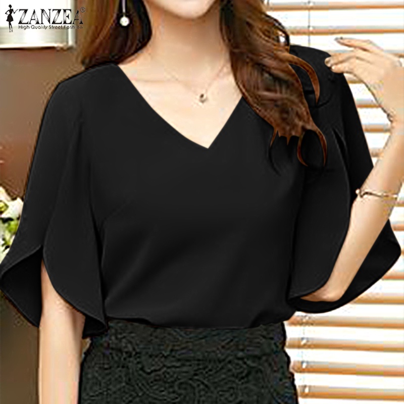ZANZEA Women Korean Commuting Flare Half Sleeve V Neck Plain Blouse