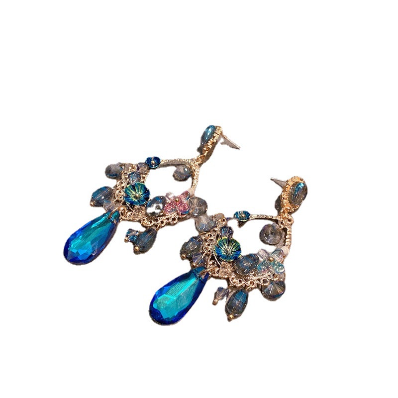 Bông Tai Mạ Bạc Đính Đá Sapphire Phong Cách Baroque Nhật Bản