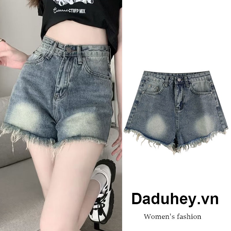 DaDuHey New Korean Version of INS Washed Denim Shorts High Waist Loose Pants WOMEN'S Raw Edge A- line Pants