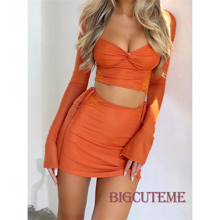 Bộ Áo Croptop Tay Dài Màu Trơn 2 Dây + Chân Váy Mini Màu Cam / Đen Thời Trang Mùa Hè Xinh Xắn Cho Nữ