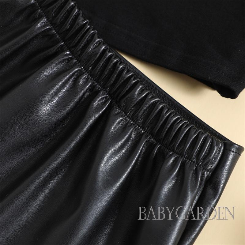 Set Áo Thun Tay Dài & Váy Da PU Cho Bé Gái 6 Tháng-4 Tuổi