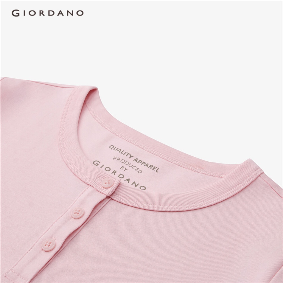 Áo thun GIORDANO 05323385 tay ngắn cổ henley màu trơn cho nữ