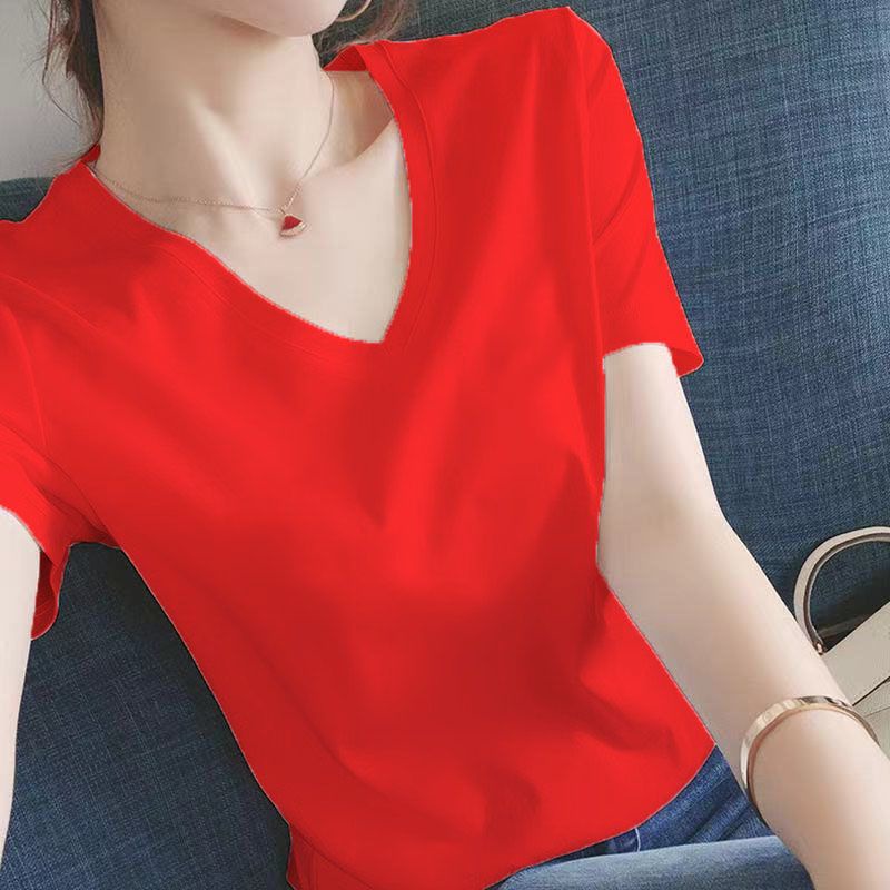 Plus Áo Thun 100% Cotton Tay Ngắn Dáng Rộng Cổ Chữ V Màu Trơn Phong Cách Trung Hoa Thời Trang Xuân Hè Cho Nữ