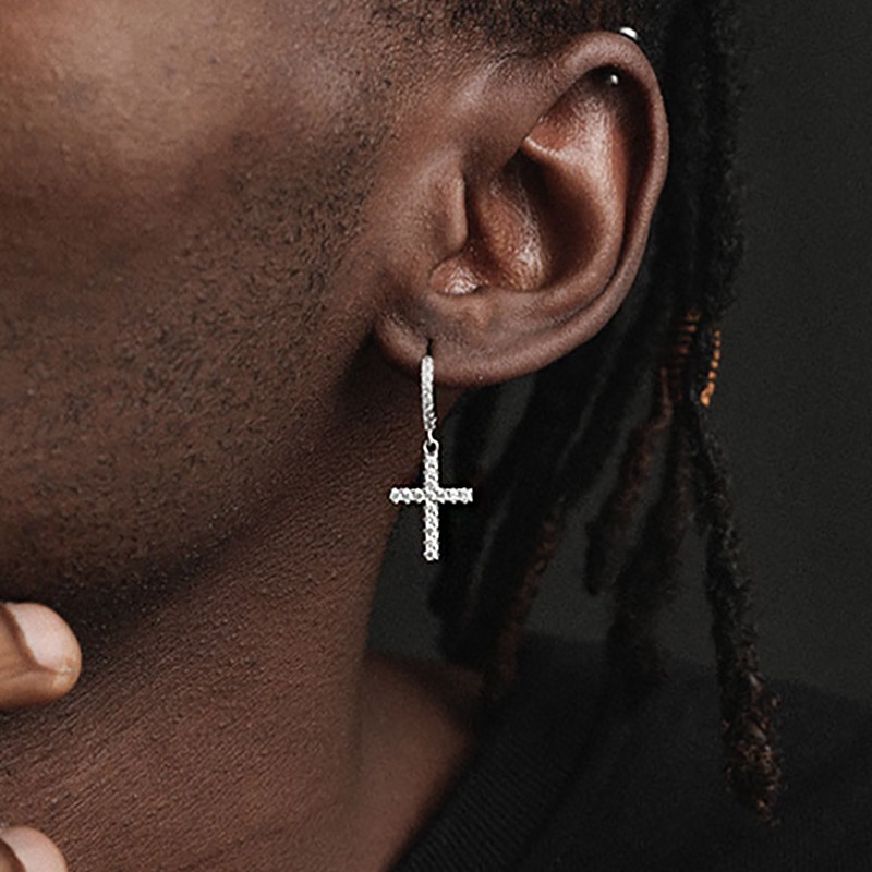 Hip Hop Cross Pendant Dangle Earring For Men Iced Out Zircon Hoop Earring Rock Hippie Punk Jewelry  