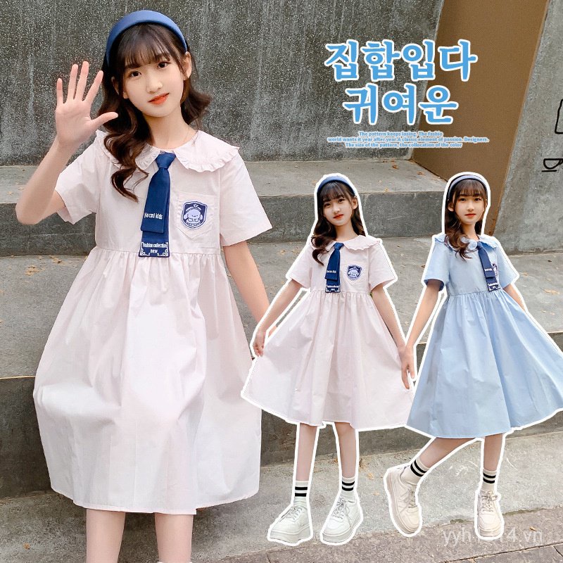 Đầm Công Chúa Mùa Hè Bằng Cotton Mỏng Tay Cộc Kích Thước Lớn Phong Cách Preppy Mẫu Mới 2023 Cho Bé Gái