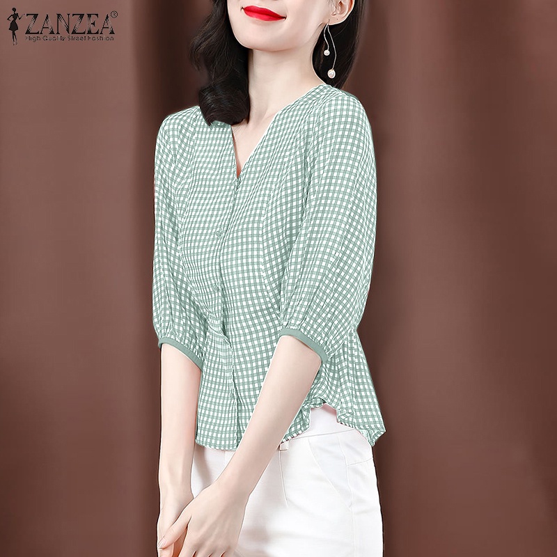 Áo sơ mi ZANZEA tay lửng cổ chữ V họa tiết ca rô thời trang dành cho nữ