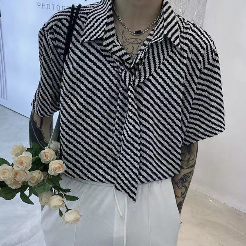 Áo Sơ Mi Tay Ngắn Dáng Rộng Họa Tiết Kẻ Sọc Phong Cách Harajuku Thời Trang Mùa Hè Cho Nam