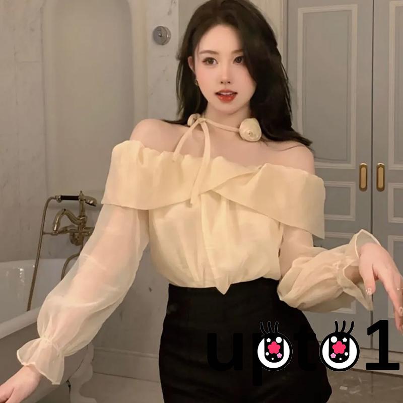 Set Áo Trễ Vai Xuyên Thấu Dài Tay + Vòng Cổ Hoa Thời Trang Nữ