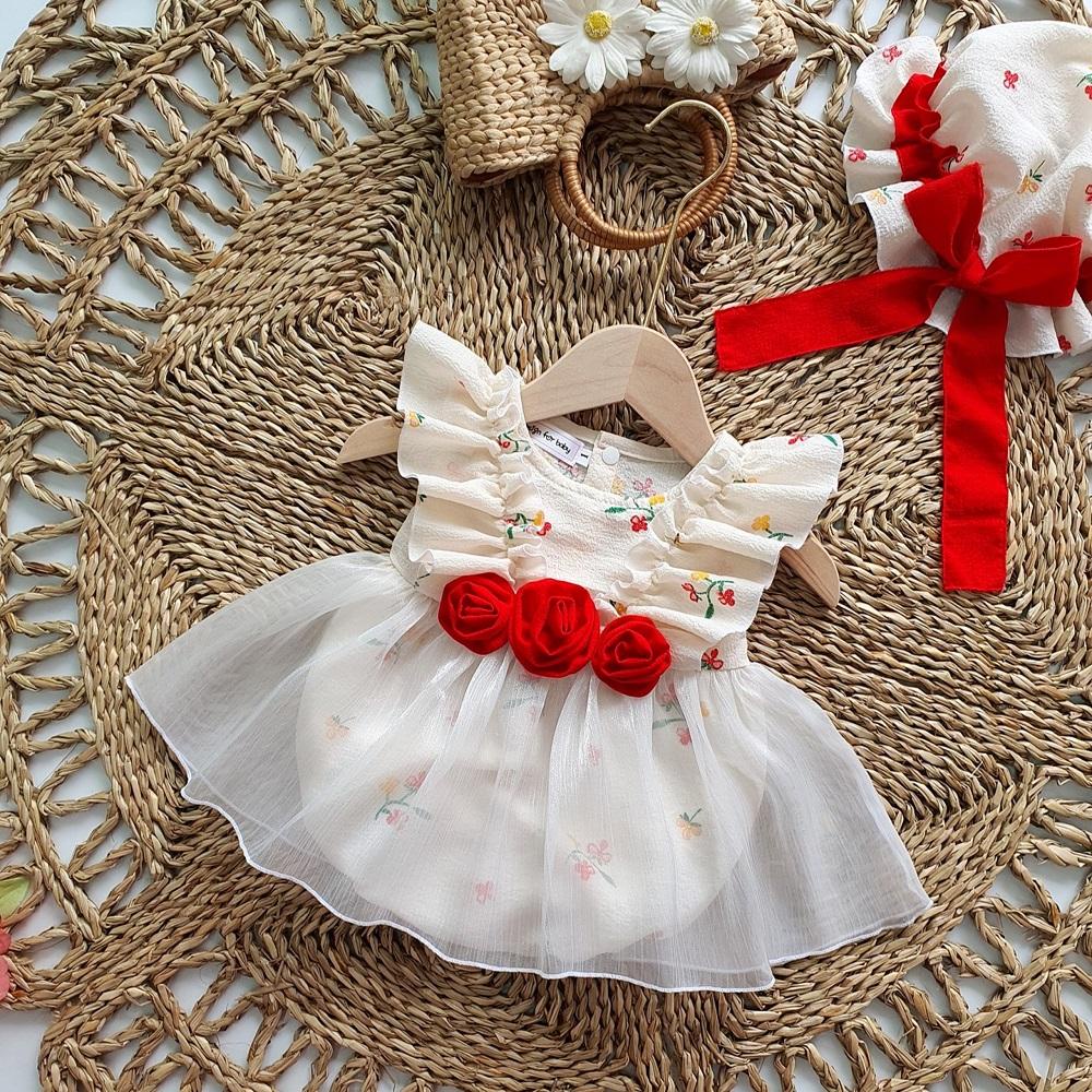 Set body váy bé gái hoa nhí kèm nón MINTSCLOSET Mint's Closet váy trắng đính hoa đỏ bé gái sơ sinh 1 2 3 tuổi - BV7045