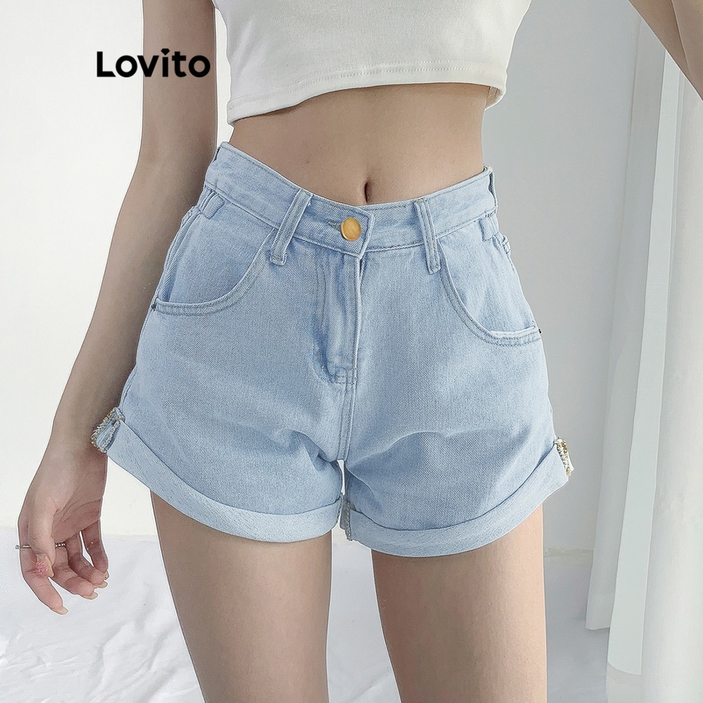 Quần short denim Lovito phối túi cơ bản thường ngày L10960 (Màu xanh lam/Màu xanh lam nhạt)
