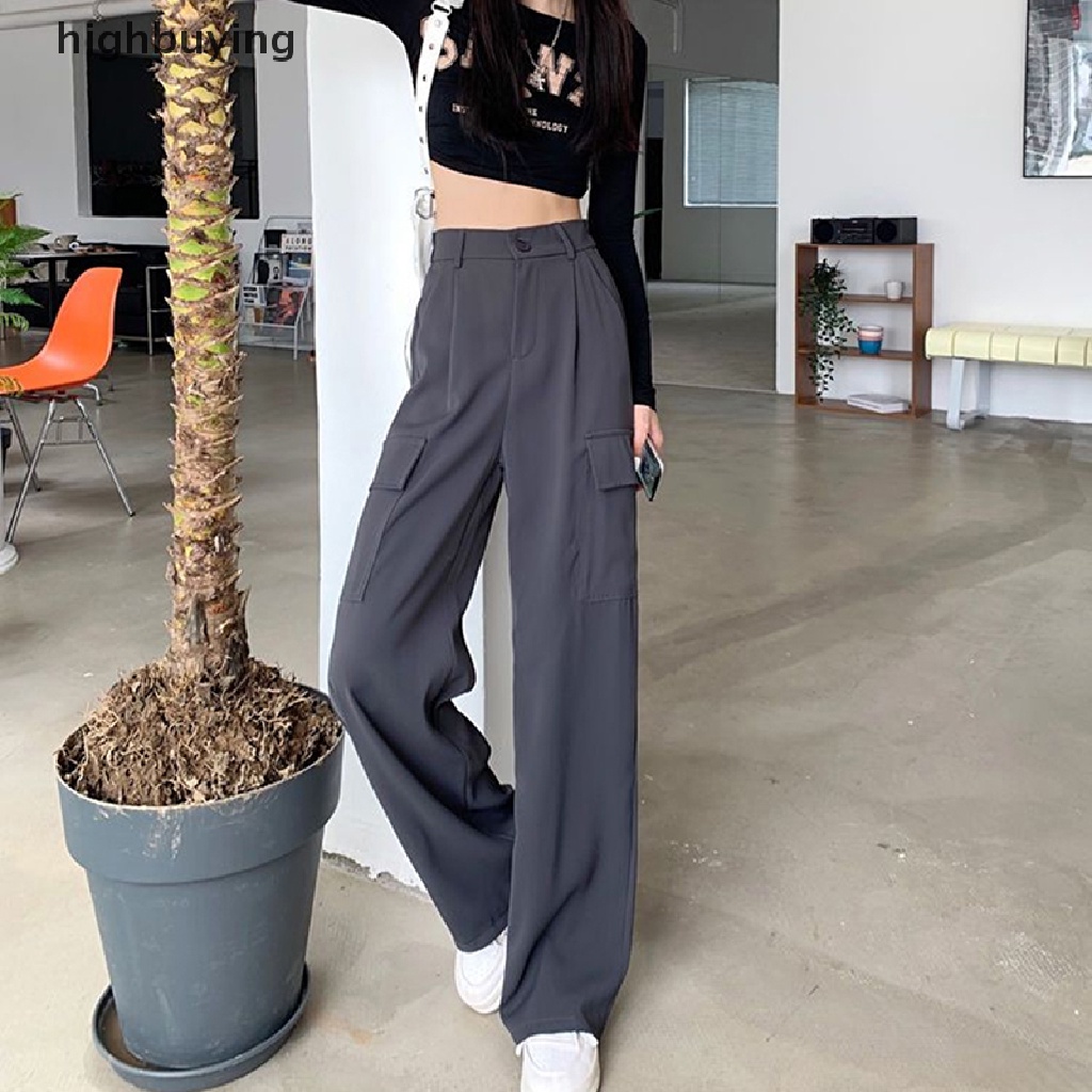 Quần ống rộng Màu Trơn Lưng Cao Thời Trang Đường Phố Cho Cặp Đôi