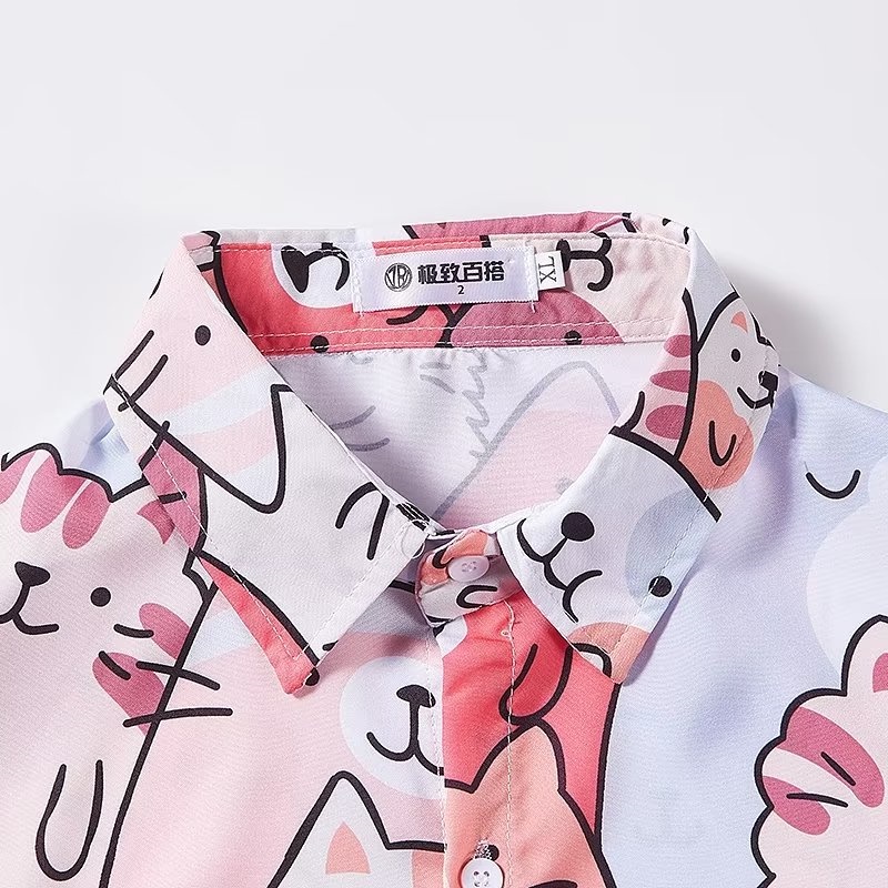 Áo Sơ Mi Ngắn Tay Nhuộm Màu Họa Tiết Hoạt Hình + Quần short Dáng Rộng Phong Cách Hàn Quốc Thời Trang Đi Biển Hawaii