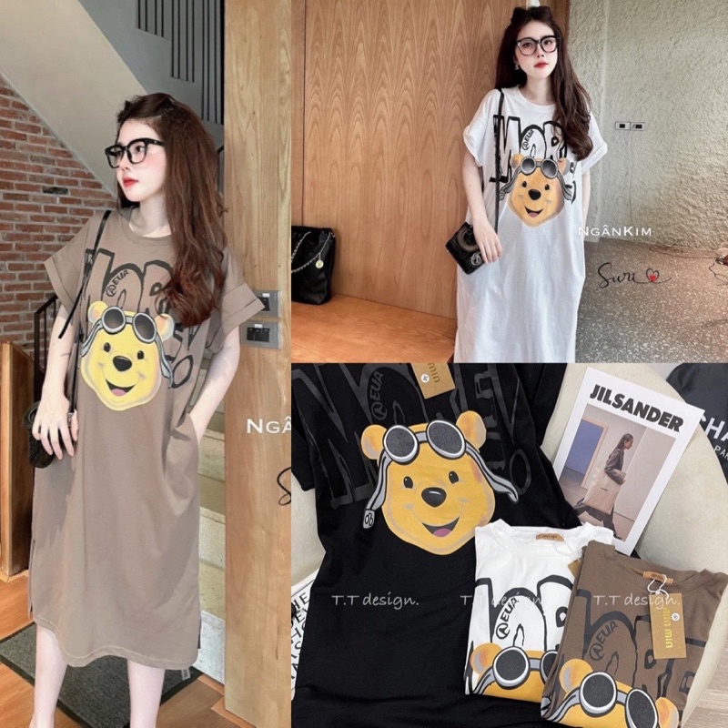 Đầm suông, váy xuông chất cotton in hình gấu more dáng rộng cổ tròn ba màu không túi