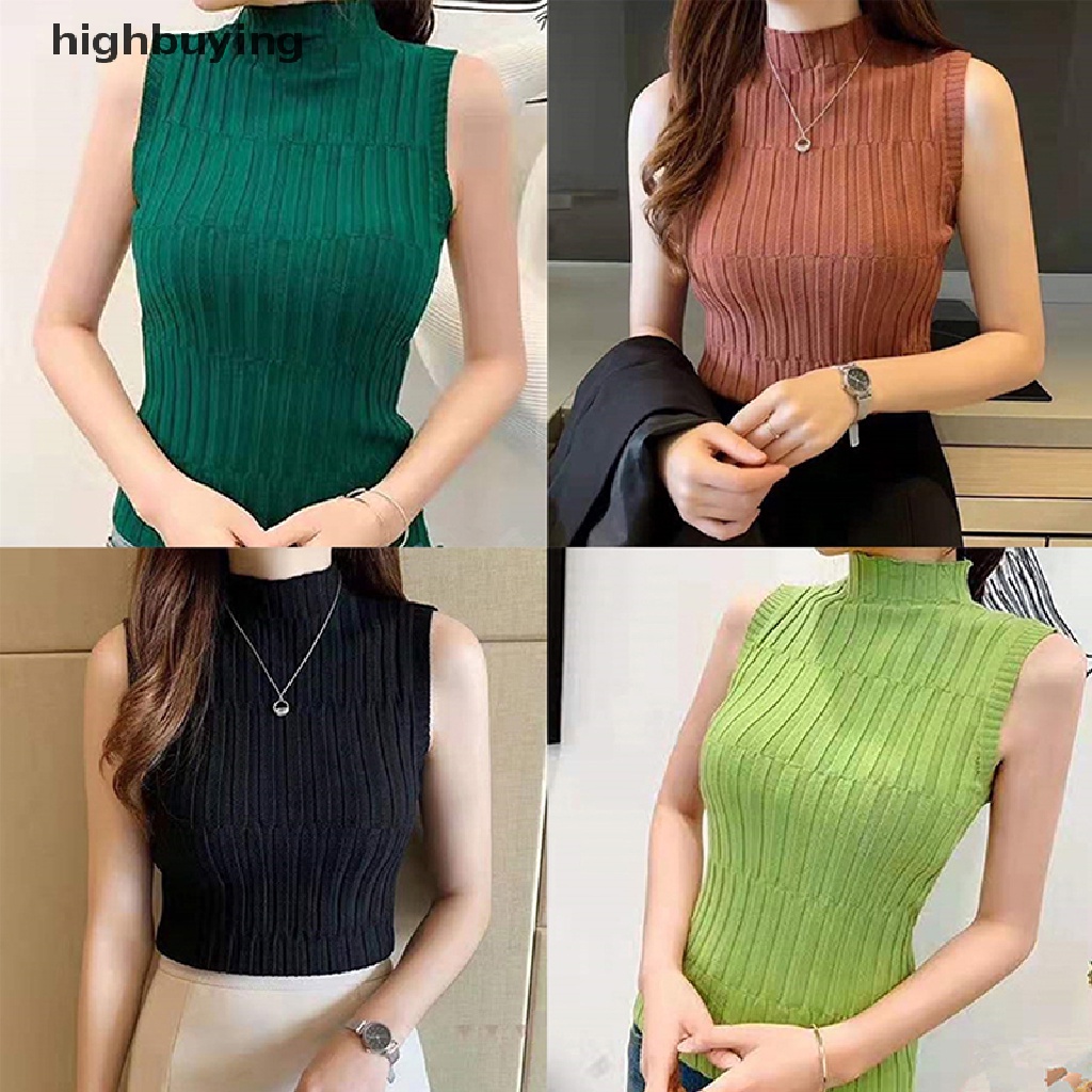 Áo Dệt Kim Sát Nách Cổ Lọ Màu Trơn Thời Trang Mùa Hè Cho Nữ