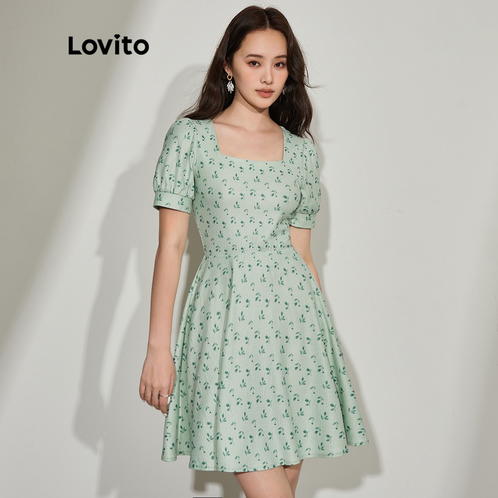 Đầm LOVITO cổ vuông tay phồng họa tiết hoa thường ngày dành cho nữ L45ED026 (màu xanh lá)