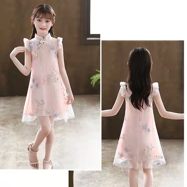 Đầm Sườn Xám Vải Tuyn Tay Ngắn In Hình Bướm Kiểu Trung Hoa Thời Trang Mùa Hè 2023 Cho Bé Gái