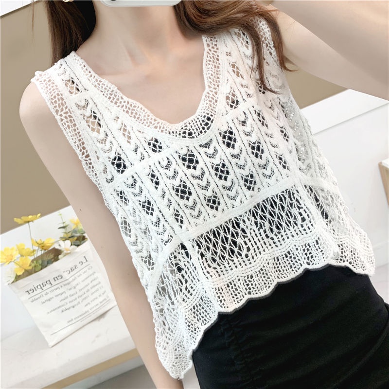 IELGY Áo Kiểu Ngắn Không Tay Cổ Chữ v Họa Tiết Hoa Khoét Lỗ Thời Trang Cho Nữ