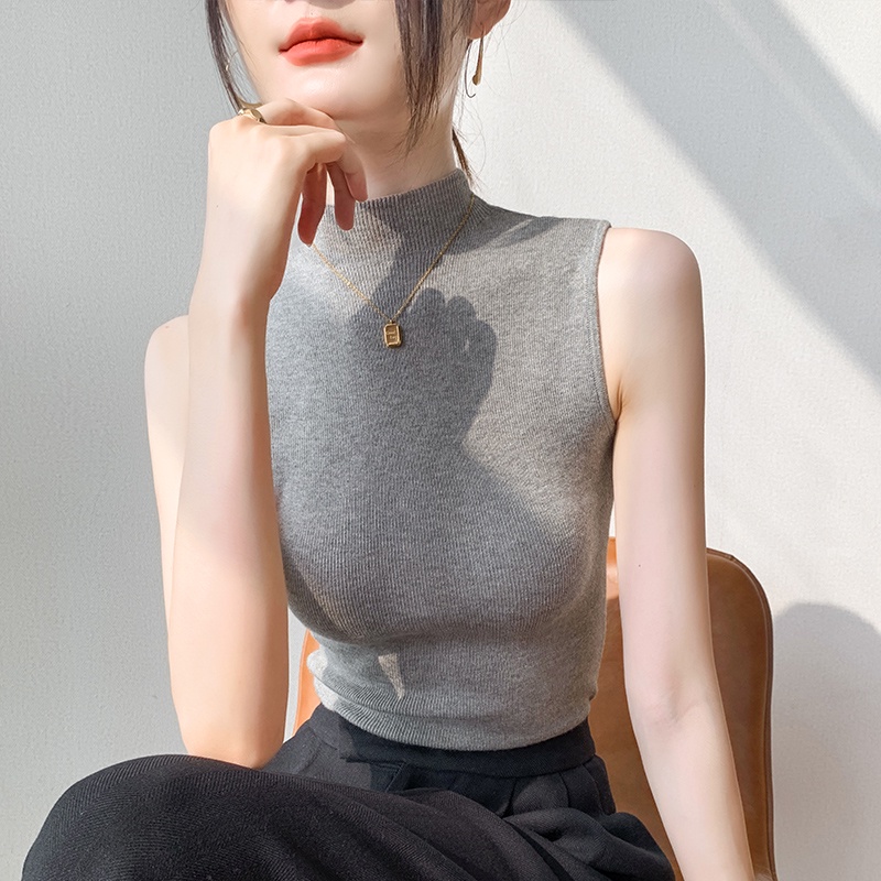 SUXI Áo Croptop Dệt Kim Sát Nách Cổ Cao Màu Sắc Đơn Giản Thời Trang Mùa Xuân Cho Nữ