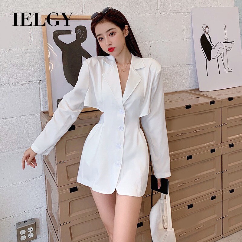 IELGY   Đầm Đen Tay Dài Nhấn Eo Hở Eo Thời Trang Dành Cho Nữ