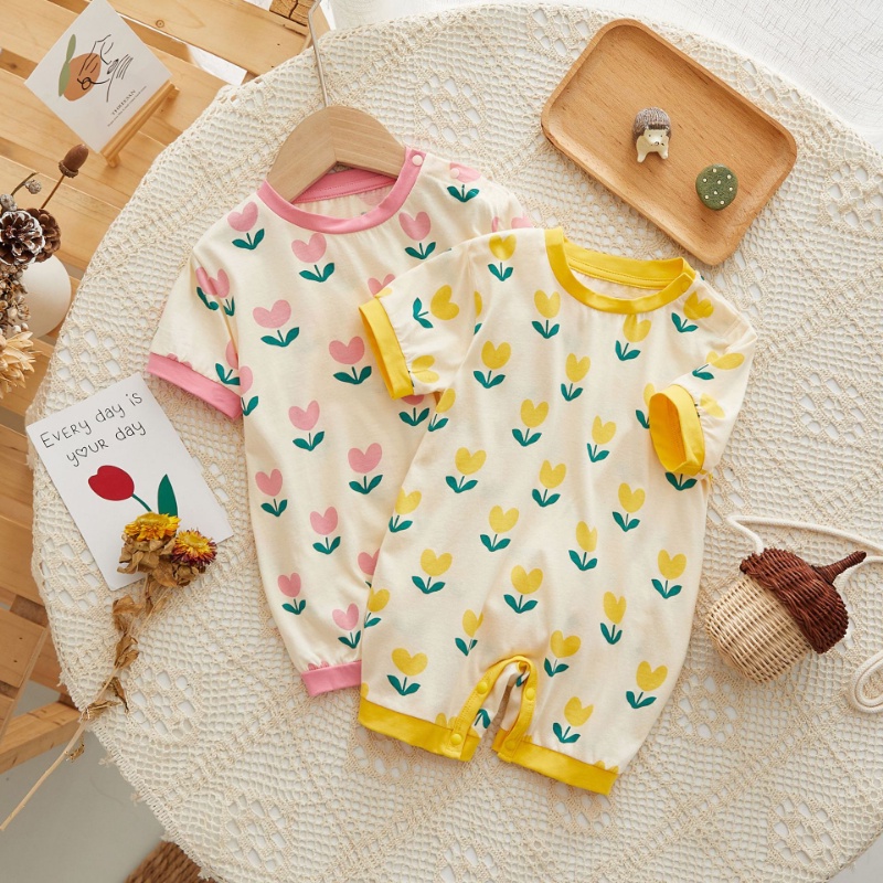 Bộ Áo Liền Quần Bằng cotton Tay Ngắn In Hoa Dễ Thương Dành Cho Bé Trai Gái 0-2 Tuổi