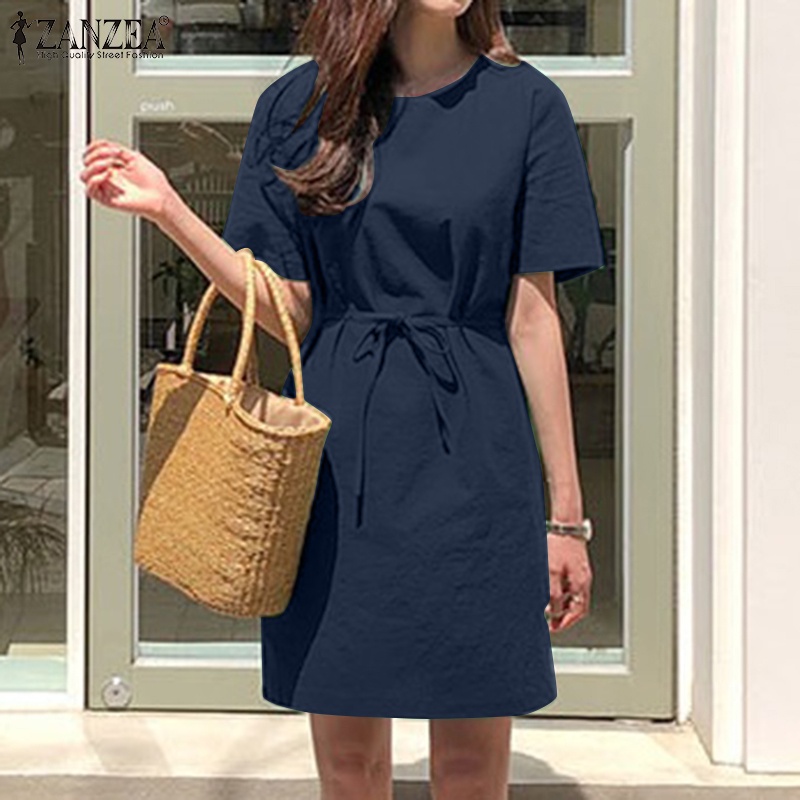 Đầm nữ ZANZEA ngắn tay cổ tròn lưng thắt nơ thời trang