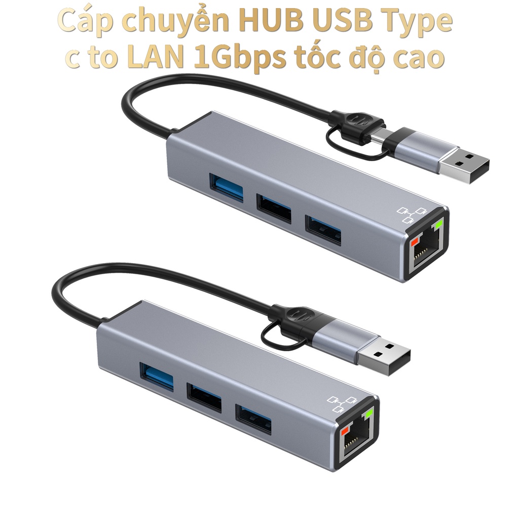 Cáp chuyển USB Type c to LAN 1Gbps tốc độ cao + 3 Port USB 3.0 2.0 vỏ nhôm - HUB Conventer