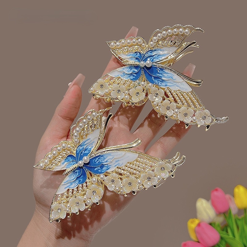 Kẹp tóc CHLINS hình bướm đính ngọc trai giả bằng kim loại phong cách Hàn Quốc xinh xắn