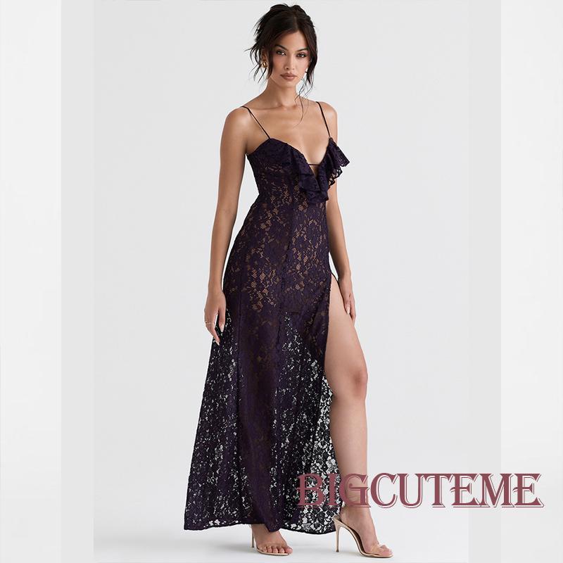 [] - Đầm Dài Hai Dây Phối Ren Hoa Xẻ Tà Gợi Cảm Đi Tiệc Mùa Hè Cho Nữ