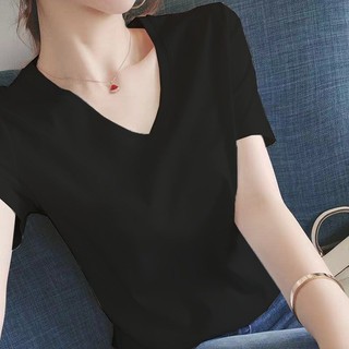 Plus Áo Thun 100% Cotton Tay Ngắn Dáng Rộng Cổ Chữ V Màu Trơn Phong Cách Trung Hoa Thời Trang Xuân Hè Cho Nữ