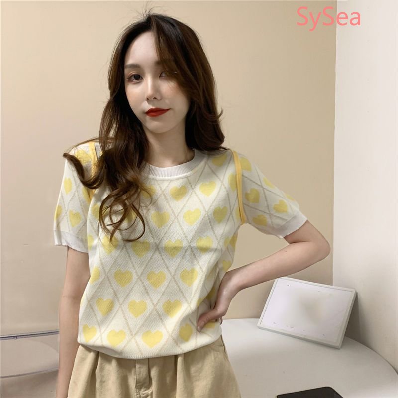 Áo Dệt Kim Cổ Tròn Họa Tiết Trái Tim Thời Trang Mùa Hè Pháp Cho Nữ