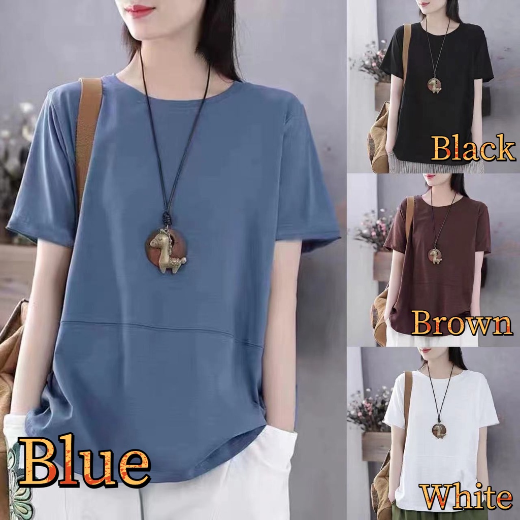 thời trang trung niên Áo Thun Tay Ngắn Cổ Tròn Dáng Rộng Màu Trơn Cỡ Lớn Thời Trang Cho Nữ