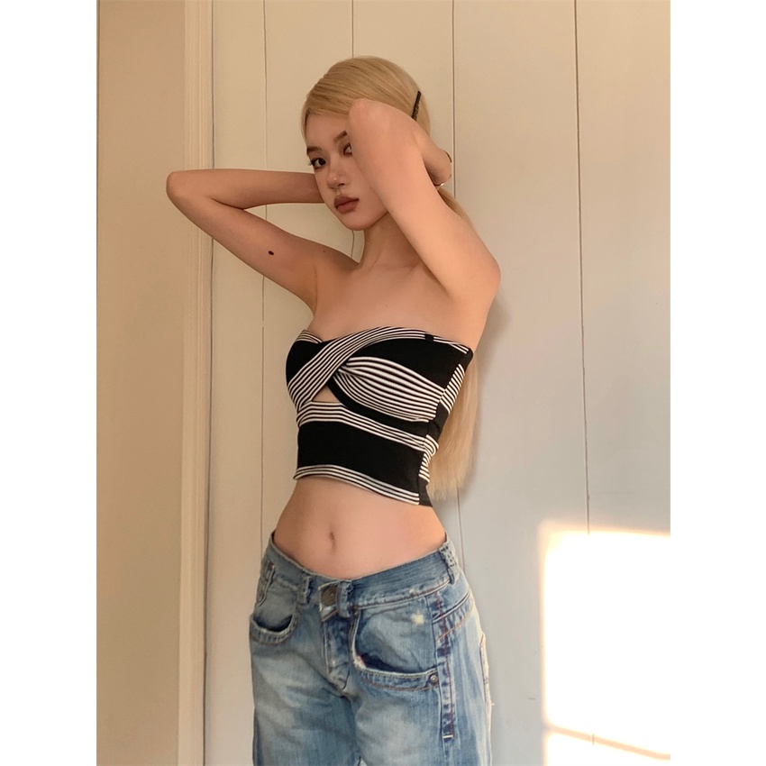 QADCOL  Áo Quây Ngực Không Dây Hở Lưng Ôm Dáng Họa Tiết Sọc Chéo Thời Trang Mùa Xuân Cho Nữ