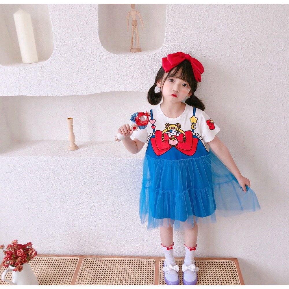 Đầm Công Chúa 2023 Tay Ngắn In Họa Tiết Hoạt Hình Dễ Thương Cho Bé Gái 2-9 Tuổi
