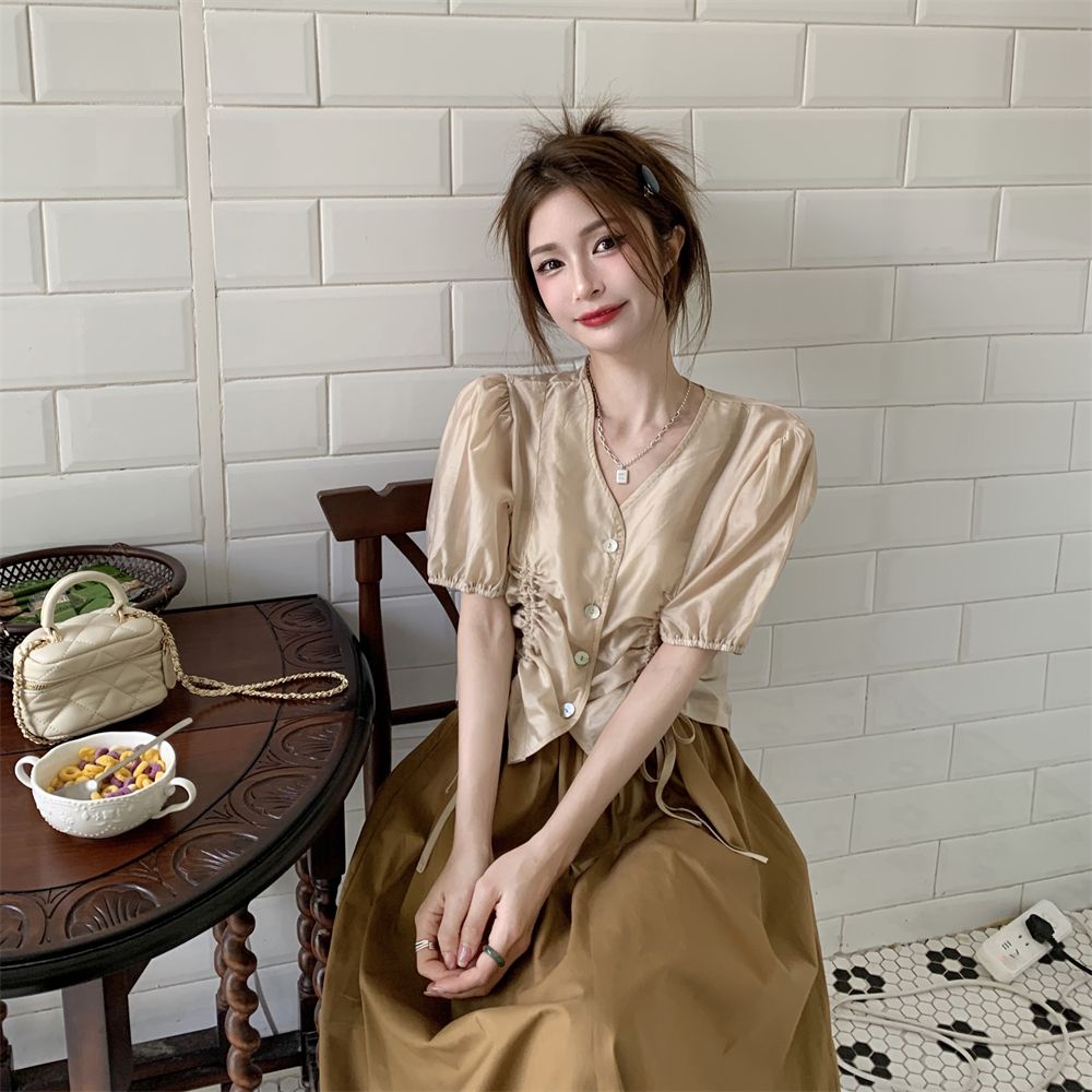 Set Áo Sơ Mi Tay Phồng Cao Cấp Phối Chân Váy Màu Trơn Thời Trang Mùa Hè Xinh Xắn Cho Nữ
