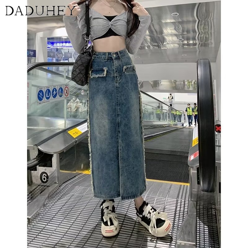 Chân váy DADUHEY lưng cao dáng chữ A viền thô retro thời trang phong cách Hàn Quốc cá tính 2023